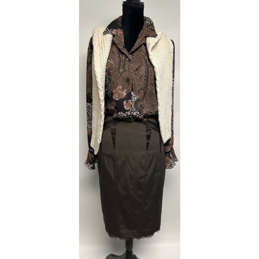 Y2K 90s Whimsy Forest Fairy Grunge Blouse Sz 14 Brown Ruffle Sheer Button Up Top